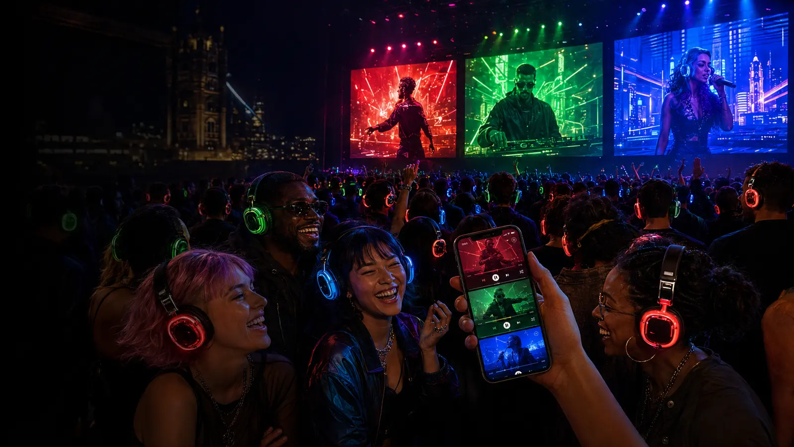 Friends wearing red, green and blue headphones at a Jukebox event with three matching music-video screens